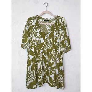 HARPER 241 Olive Green Tropical Palm Leaf Flutter Sleeve Tunic Top Plus 2X